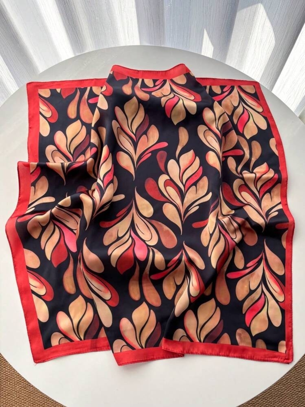 Silk-feel Black Red and Tan Leaf-Print  Scarf  Head,neck 70*70cm